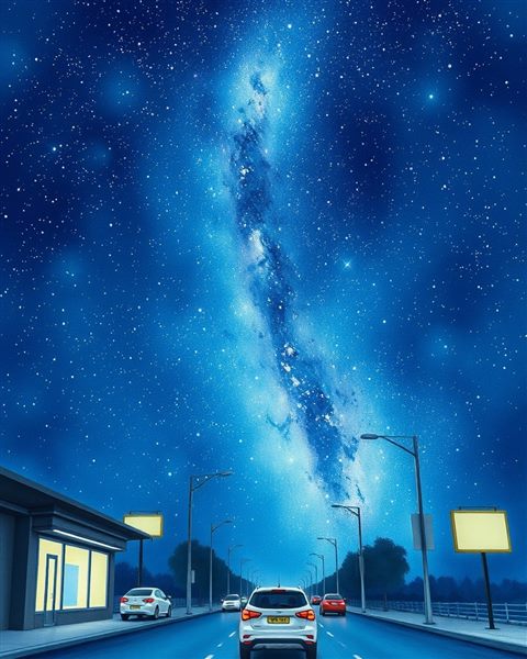 Watercolor illustration of Vibrant Milky Way galaxy stretching across a deep blue night sky filled with countless bright stars, high-angle view from above, cool blue tones, quiet atmosphere, 4:5 aspect ratio