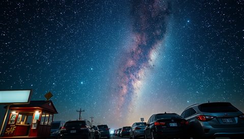 Cinematic film still of Vibrant Milky Way galaxy stretching across a deep blue night sky filled with countless bright stars, close-up detail with shallow depth of field, vivid colors, high contrast, energetic, 16:9 aspect ratio