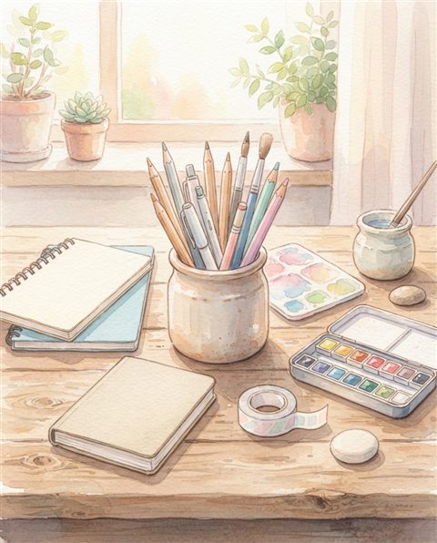 Watercolor illustration of pencils, notebooks and stationery on a desk, centered subject with a simple uncluttered composition, soft pastel colors, bright and cozy, 4:5 aspect ratio