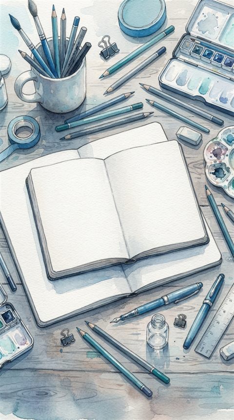Watercolor illustration of pencils, notebooks and stationery on a desk, high-angle view from above, cool blue tones, quiet atmosphere, 9:16 aspect ratio