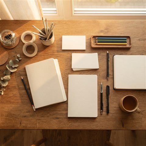Photorealistic photo of pencils, notebooks and stationery on a desk, high-angle view from above, warm golden light, calm mood, 1:1 aspect ratio