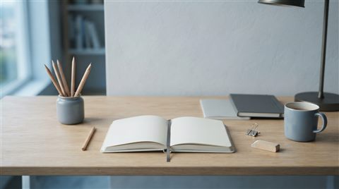 Photorealistic photo of pencils, notebooks and stationery on a desk, centered subject with a simple uncluttered composition, cool blue tones, quiet atmosphere, 16:9 aspect ratio