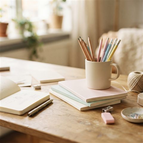Photorealistic photo of pencils, notebooks and stationery on a desk, close-up detail with shallow depth of field, soft pastel colors, bright and cozy, 1:1 aspect ratio