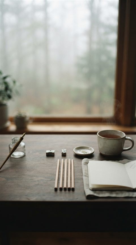 Cinematic film still of pencils, notebooks and stationery on a desk, centered subject with a simple uncluttered composition, misty morning haze, dreamy, 9:16 aspect ratio
