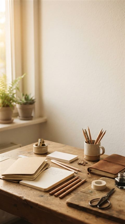 Cinematic film still of pencils, notebooks and stationery on a desk, wide shot with open space at the top for text, warm golden light, calm mood, 9:16 aspect ratio