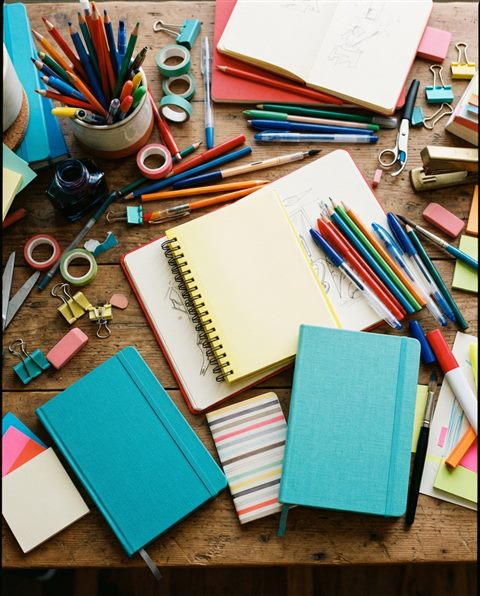 Cinematic film still of pencils, notebooks and stationery on a desk, high-angle view from above, vivid colors, high contrast, energetic, 4:5 aspect ratio