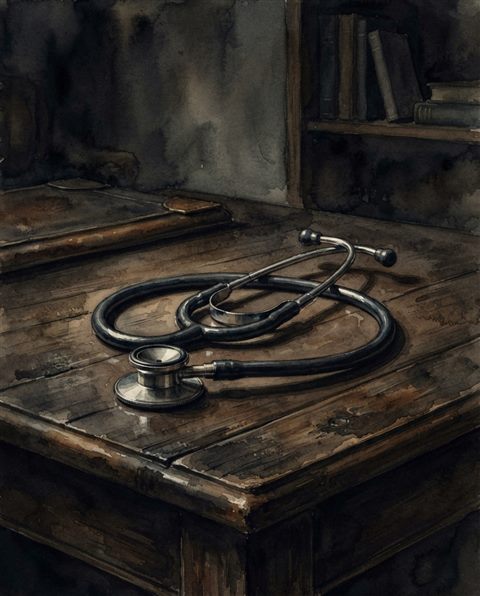 Watercolor illustration of a stethoscope on a desk, centered subject with a simple uncluttered composition, moody dark tones, dramatic lighting, 4:5 aspect ratio