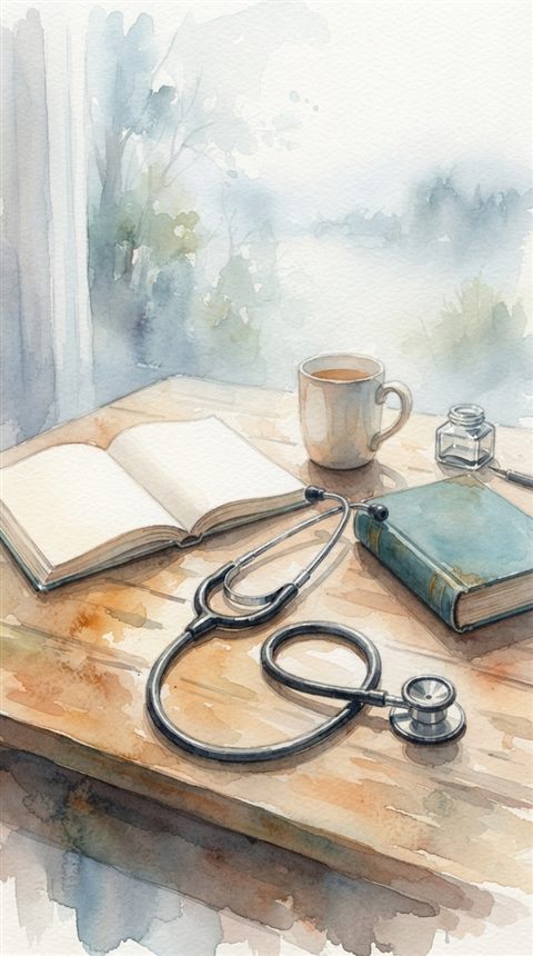 Watercolor illustration of a stethoscope on a desk, high-angle view from above, misty morning haze, dreamy, 9:16 aspect ratio