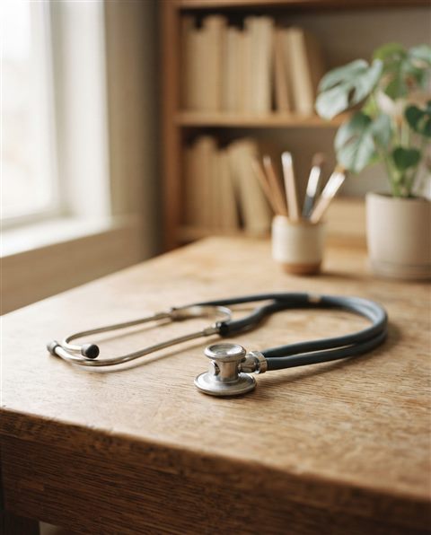 Cinematic film still of a stethoscope on a desk, close-up detail with shallow depth of field, soft pastel colors, bright and cozy, 4:5 aspect ratio