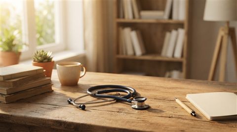 Photorealistic photo of a stethoscope on a desk, wide shot with open space at the top for text, warm golden light, calm mood, 16:9 aspect ratio