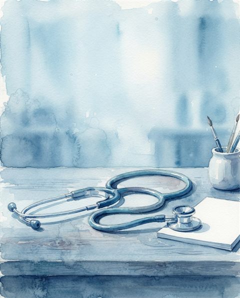 Watercolor illustration of a stethoscope on a desk, wide shot with open space at the top for text, cool blue tones, quiet atmosphere, 4:5 aspect ratio