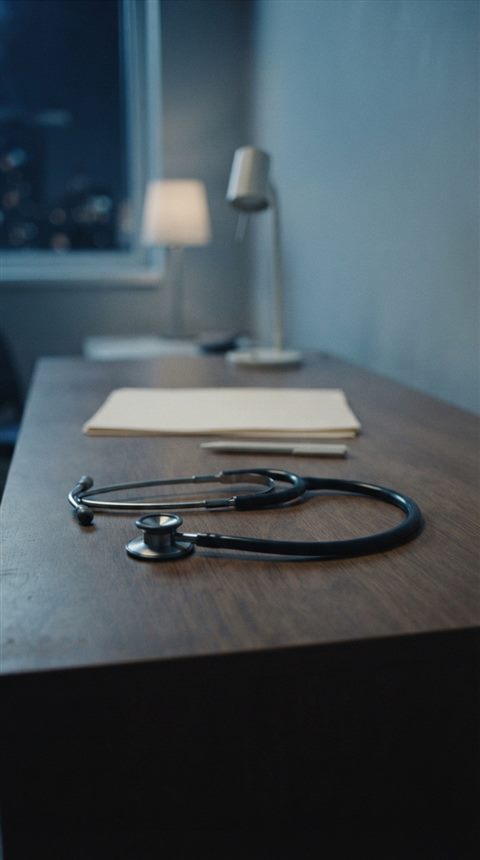 Cinematic film still of a stethoscope on a desk, centered subject with a simple uncluttered composition, cool blue tones, quiet atmosphere, 9:16 aspect ratio