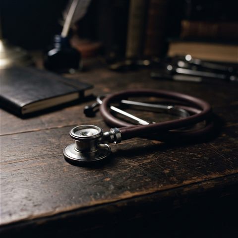 Photorealistic photo of a stethoscope on a desk, close-up detail with shallow depth of field, moody dark tones, dramatic lighting, 1:1 aspect ratio