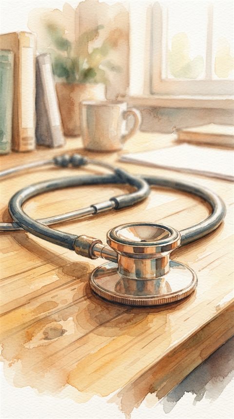 Watercolor illustration of a stethoscope on a desk, close-up detail with shallow depth of field, warm golden light, calm mood, 9:16 aspect ratio