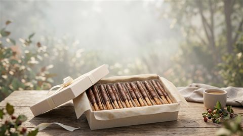 Soft 3D render of chocolate dipped stick cookies in a gift box, wide shot with open space at the top for text, misty morning haze, dreamy, 16:9 aspect ratio