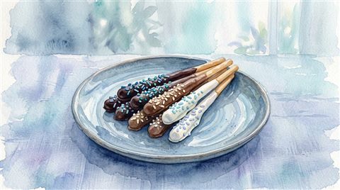 알록달록한 초콜릿 막대 과자, 수채화 일러스트, 단순하고 깔끔한 구도 가운데 놓인 피사체, 차가운 푸른 톤, 고요한 분위기, 16:9 비율