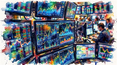 Watercolor illustration of stock market trading screens, close-up detail with shallow depth of field, vivid colors, high contrast, energetic, 16:9 aspect ratio