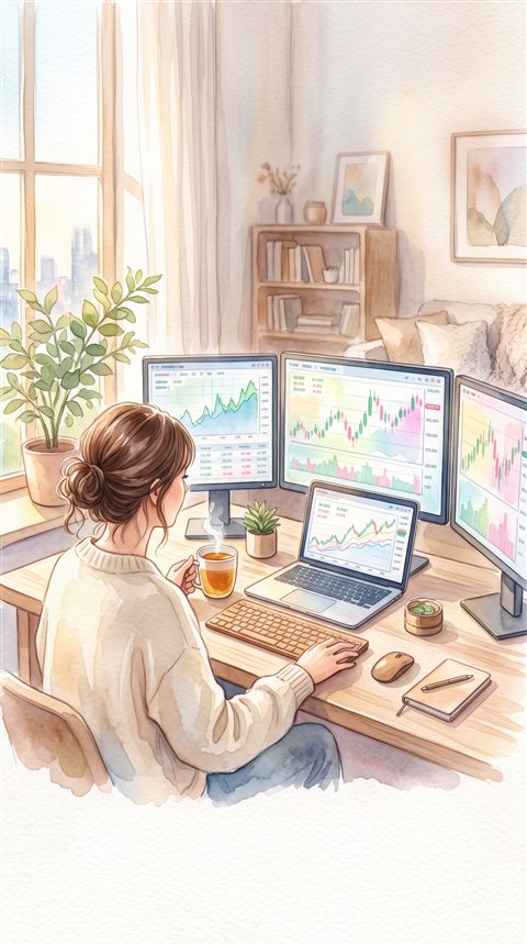 Watercolor illustration of stock market trading screens, centered subject with a simple uncluttered composition, soft pastel colors, bright and cozy, 9:16 aspect ratio