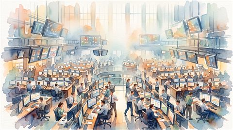 Watercolor illustration of stock market trading screens, wide shot with open space at the top for text, misty morning haze, dreamy, 16:9 aspect ratio