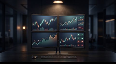 Soft 3d render of stock market trading screens, centered subject with a simple uncluttered composition, moody dark tones, dramatic lighting, 16:9 aspect ratio