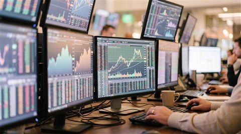 Photorealistic photo of stock market trading screens, close-up detail with shallow depth of field, soft pastel colors, bright and cozy, 16:9 aspect ratio