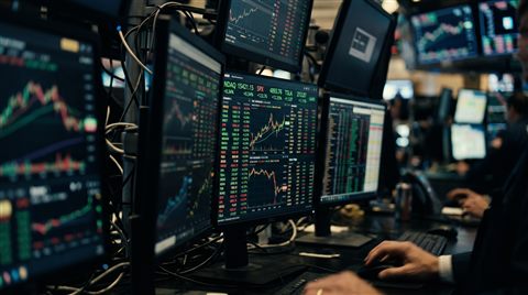 Cinematic film still of stock market trading screens, close-up detail with shallow depth of field, moody dark tones, dramatic lighting, 16:9 aspect ratio