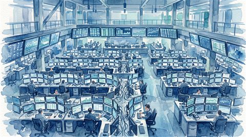 Watercolor illustration of stock market trading screens, high-angle view from above, cool blue tones, quiet atmosphere, 16:9 aspect ratio