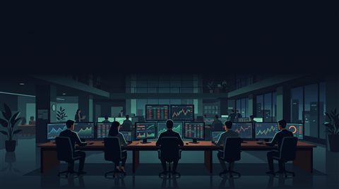 Minimal flat illustration of stock market trading screens, wide shot with open space at the top for text, moody dark tones, dramatic lighting, 16:9 aspect ratio