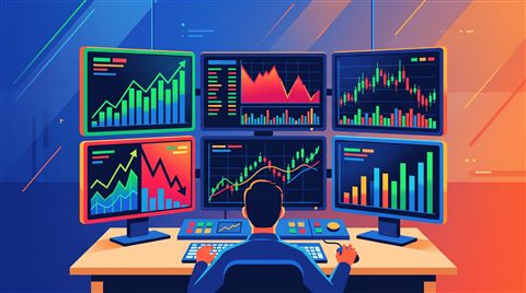 Minimal flat illustration of stock market trading screens, centered subject with a simple uncluttered composition, vivid colors, high contrast, energetic, 16:9 aspect ratio