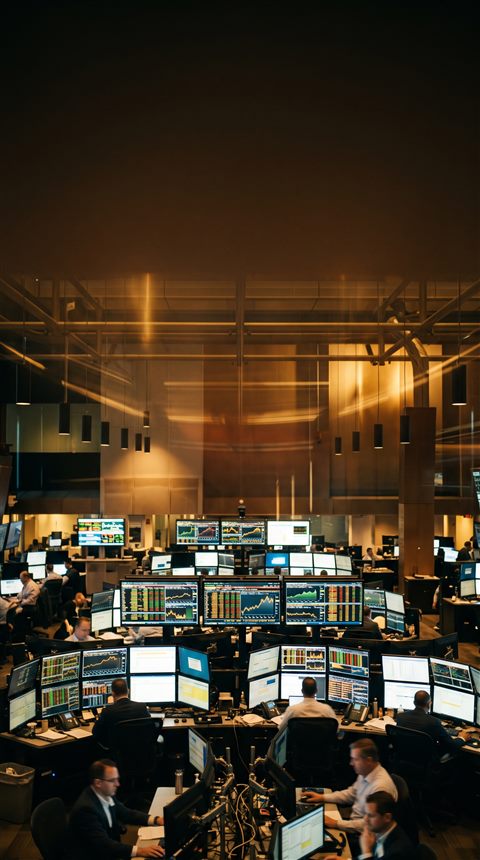 Cinematic film still of stock market trading screens, wide shot with open space at the top for text, warm golden light, calm mood, 9:16 aspect ratio