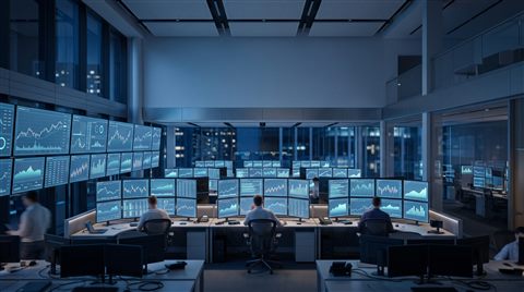 Soft 3d render of stock market trading screens, wide shot with open space at the top for text, cool blue tones, quiet atmosphere, 16:9 aspect ratio