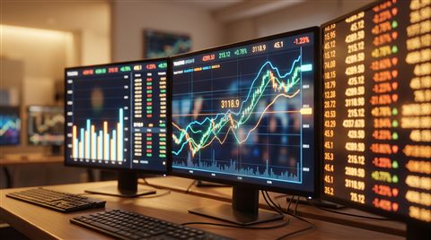 Soft 3d render of stock market trading screens, close-up detail with shallow depth of field, warm golden light, calm mood, 16:9 aspect ratio