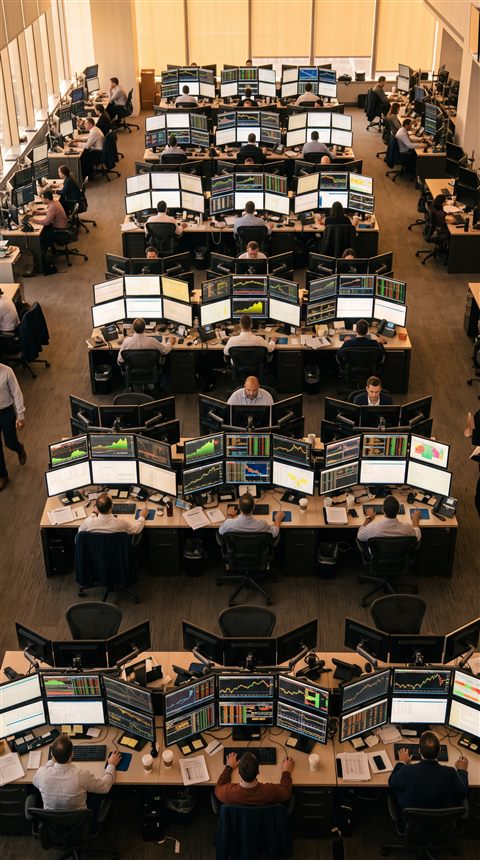 Photorealistic photo of stock market trading screens, high-angle view from above, warm golden light, calm mood, 9:16 aspect ratio