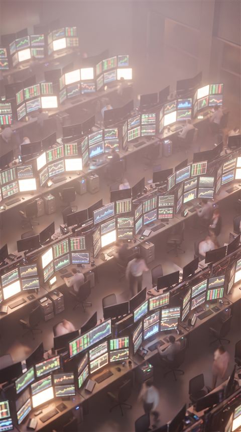 Soft 3d render of stock market trading screens, high-angle view from above, misty morning haze, dreamy, 9:16 aspect ratio