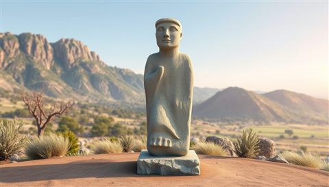 Minimal flat illustration of An ancient weathered volcanic rock statue standing outdoors against a scenic nature background., high-angle view from above, soft pastel colors, bright and cozy, 16:9 aspect ratio