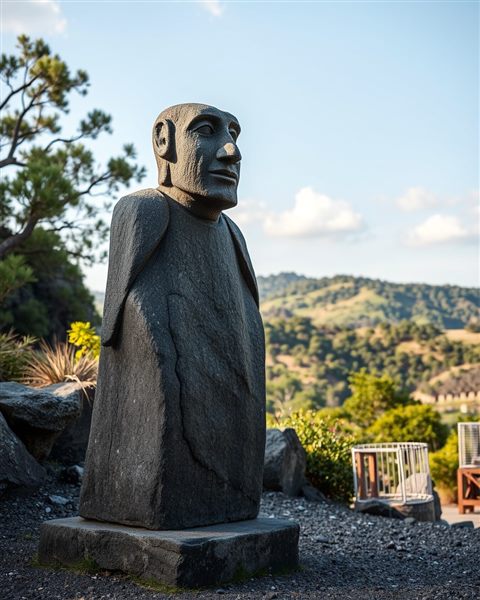 Cinematic film still of An ancient weathered volcanic rock statue standing outdoors against a scenic nature background., wide shot with open space at the top for text, vivid colors, high contrast, energetic, 4:5 aspect ratio