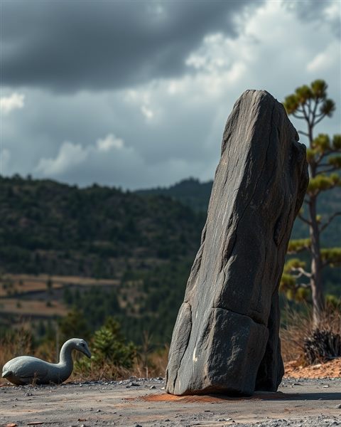 Photorealistic photo of An ancient weathered volcanic rock statue standing outdoors against a scenic nature background., wide shot with open space at the top for text, moody dark tones, dramatic lighting, 4:5 aspect ratio