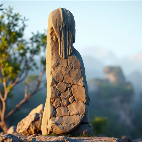 Soft 3D render of An ancient weathered volcanic rock statue standing outdoors against a scenic nature background., close-up detail with shallow depth of field, misty morning haze, dreamy, 1:1 aspect ratio
