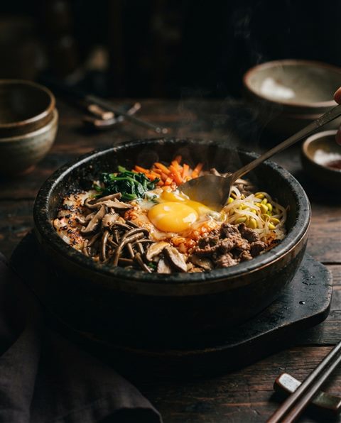 Photorealistic photo of a colorful bibimbap in a stone pot with vegetables and an egg, close-up detail with shallow depth of field, moody dark tones, dramatic lighting, 4:5 aspect ratio