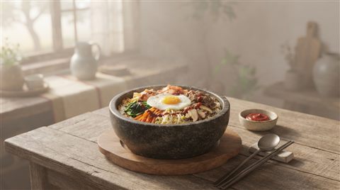 Soft 3D render of a colorful bibimbap in a stone pot with vegetables and an egg, wide shot with open space at the top for text, misty morning haze, dreamy, 16:9 aspect ratio