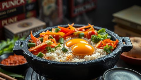 Photorealistic photo of A sizzling hot stone bowl filled with colorful vegetables, rice, and an egg yolk ready to be mixed., close-up detail with shallow depth of field, moody dark tones, dramatic lighting, 16:9 aspect ratio