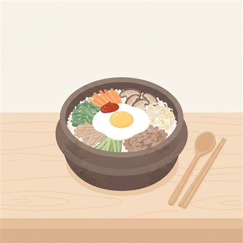 Minimal flat illustration of a colorful bibimbap in a stone pot with vegetables and an egg, centered subject with a simple uncluttered composition, soft pastel colors, bright and cozy, 1:1 aspect ratio