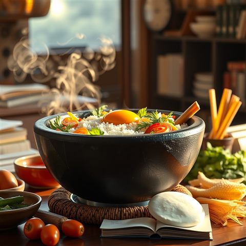 Photorealistic photo of A sizzling hot stone bowl filled with colorful vegetables, rice, and an egg yolk ready to be mixed., wide shot with open space at the top for text, warm golden light, calm mood, 1:1 aspect ratio