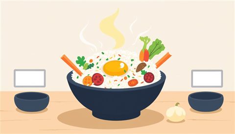 Minimal flat illustration of A sizzling hot stone bowl filled with colorful vegetables, rice, and an egg yolk ready to be mixed., centered subject with a simple uncluttered composition, soft pastel colors, bright and cozy, 16:9 aspect ratio