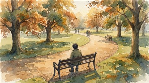Watercolor illustration of person sitting alone on a park bench seen from behind, high-angle view from above, warm golden light, calm mood, 16:9 aspect ratio