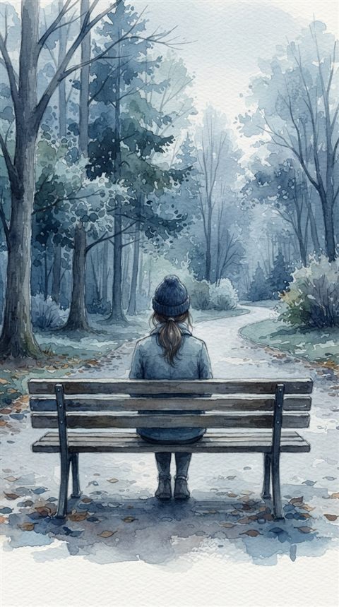 Watercolor illustration of person sitting alone on a park bench seen from behind, centered subject with a simple uncluttered composition, cool blue tones, quiet atmosphere, 9:16 aspect ratio