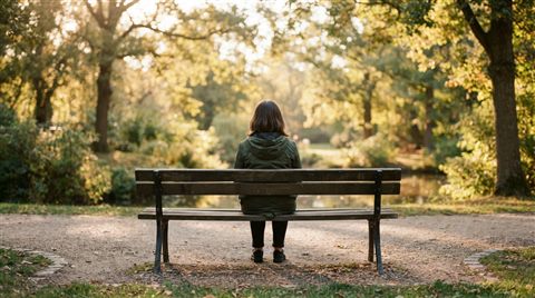 Photorealistic photo of person sitting alone on a park bench seen from behind, centered subject with a simple uncluttered composition, warm golden light, calm mood, 16:9 aspect ratio