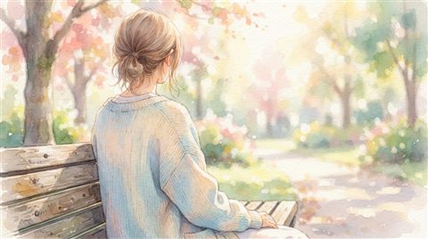 Watercolor illustration of person sitting alone on a park bench seen from behind, close-up detail with shallow depth of field, soft pastel colors, bright and cozy, 16:9 aspect ratio