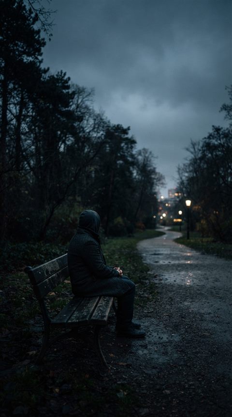 Cinematic film still of person sitting alone on a park bench seen from behind, wide shot with open space at the top for text, moody dark tones, dramatic lighting, 9:16 aspect ratio