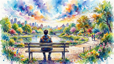 Watercolor illustration of person sitting alone on a park bench seen from behind, wide shot with open space at the top for text, vivid colors, high contrast, energetic, 16:9 aspect ratio
